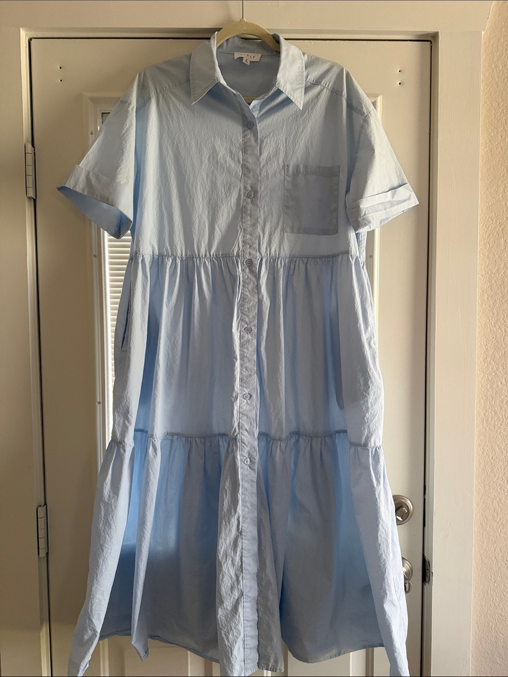 Mable Light Blue Tiered Button-Front Midi Shirt Dress